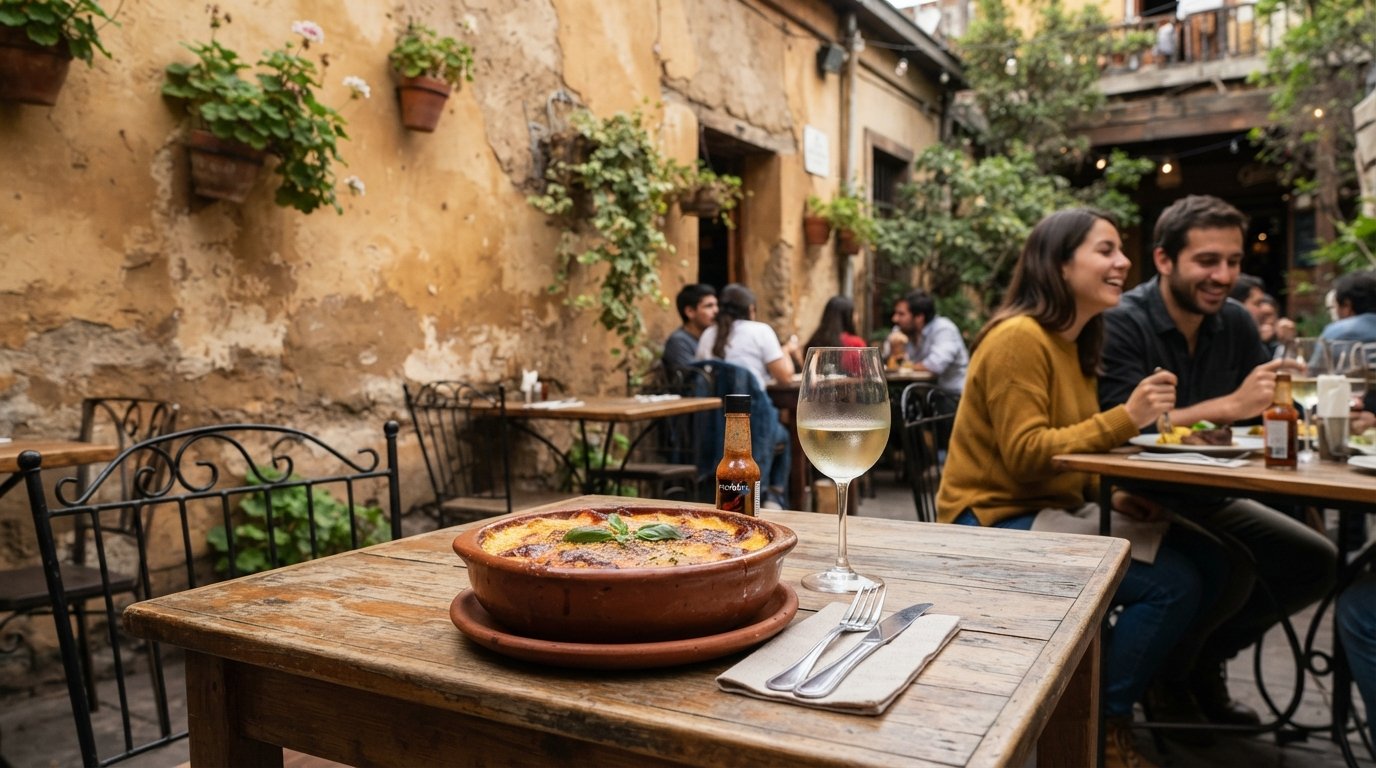 a golden pastel de choclo at Galindo on Dardignac 098, served on a terrace table with chilled wine and an old adobe wall behind