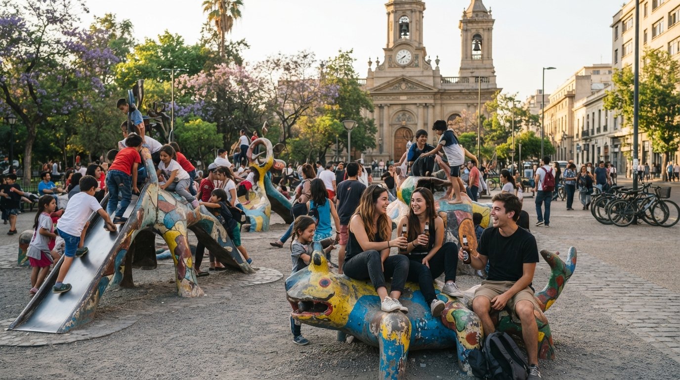 Plaza Brasil in Santiago at late afternoon, Federica Matta’s 22 brightly painted play-sculptures crowded by children and students with beer bottles