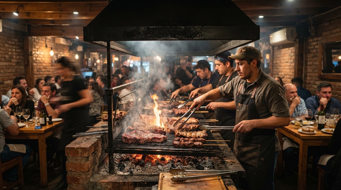 the open grill at Las Vacas Gordas on Cienfuegos 280, steaks and ribs searing in a converted garage restaurant at dinner hour