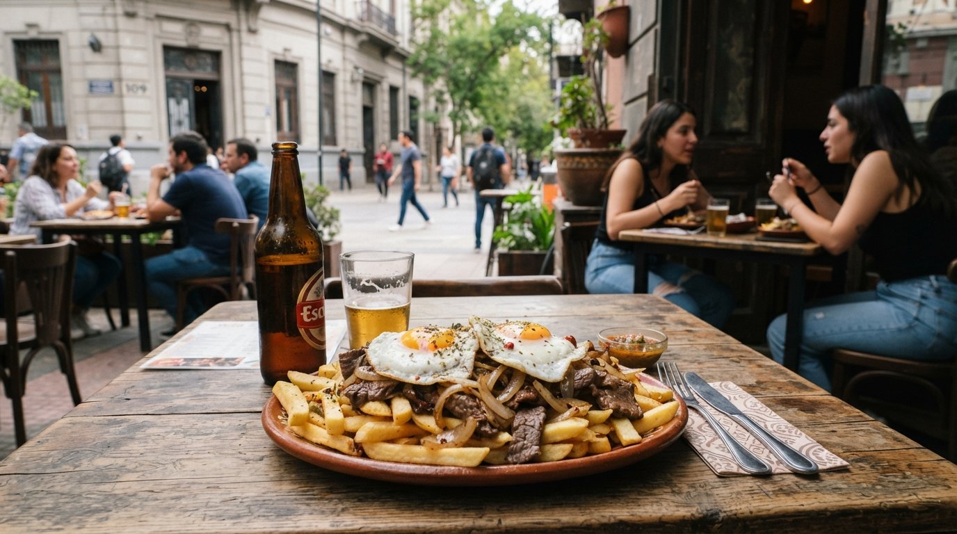 a plated chorrillana at Santo Barrio on Avenida Brasil 109, fries, sliced beef, fried onion and egg beside bottled beer