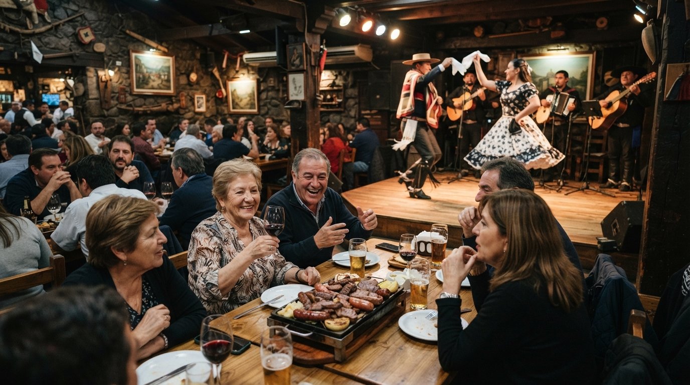 Los Buenos Muchachos on Avenida Ricardo Cumming 1031, communal tables, grilled meat platters and dancers under bright lights during a live folklore night