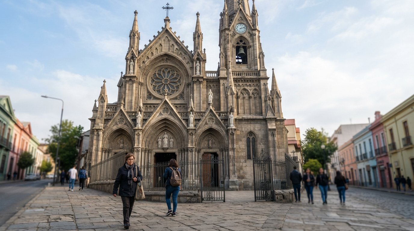 the neo-gothic facade of Congregación de la Preciosa Sangre on Compañía de Jesús, stone details and vertical lines in soft morning light