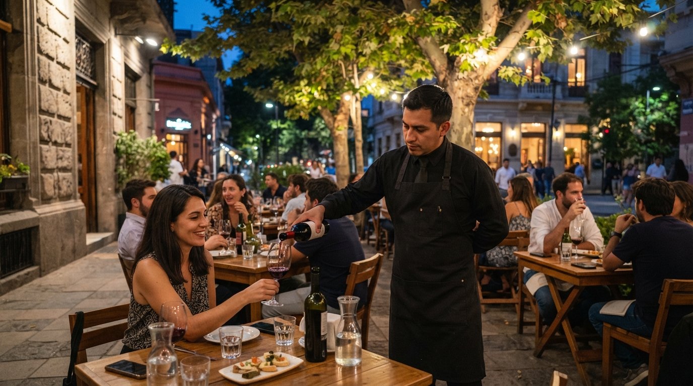 Bocanáriz on José Victorino Lastarria, terrace tables under plane trees with wine glasses, bottles and a sommelier pouring Chilean reds at dusk