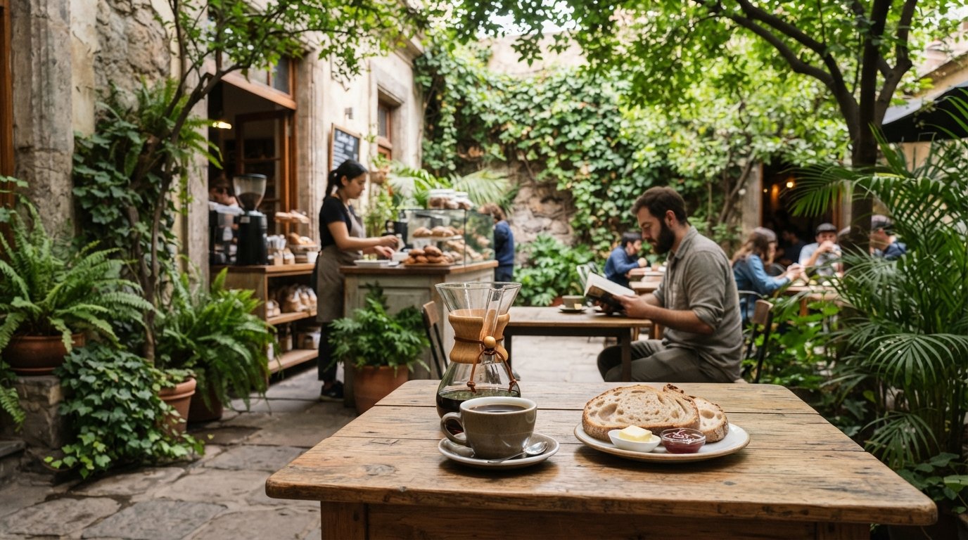 Colmado Coffee & Bakery in a leafy courtyard on Merced, a Chemex brew on a wooden table with bread and dappled shade