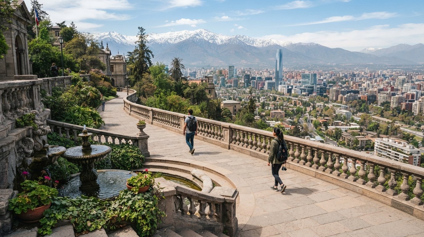 Cerro Santa Lucía seen from a terraced path, with fountains, stone balustrades and the city spreading out toward the Andes in clear daylight