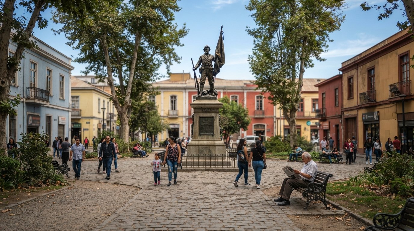 Plaza Yungay in Santiago, the bronze Monumento al Roto Chileno standing in the open square with low-rise heritage buildings and trees around it