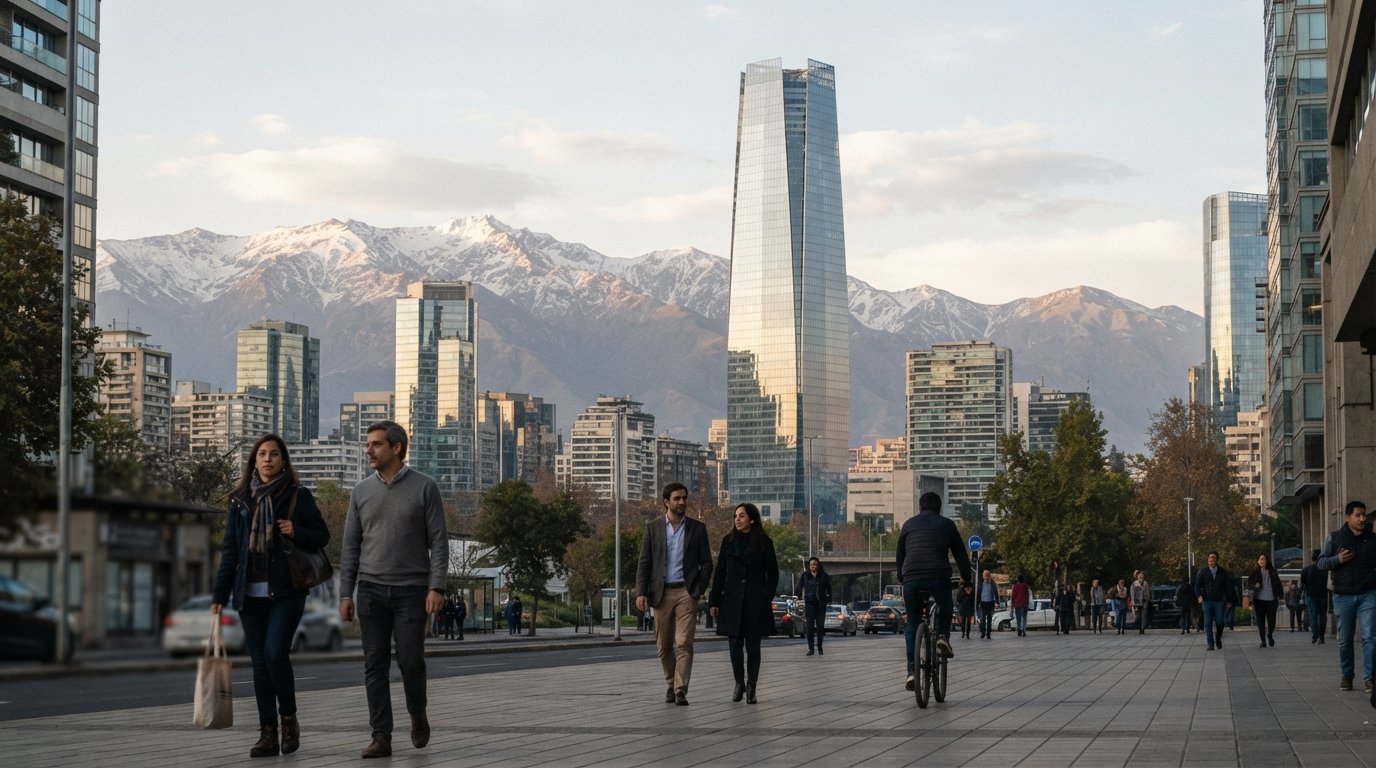 the Titanium La Portada tower and surrounding Sanhattan skyline at late afternoon, glass facades reflecting pale Andean light