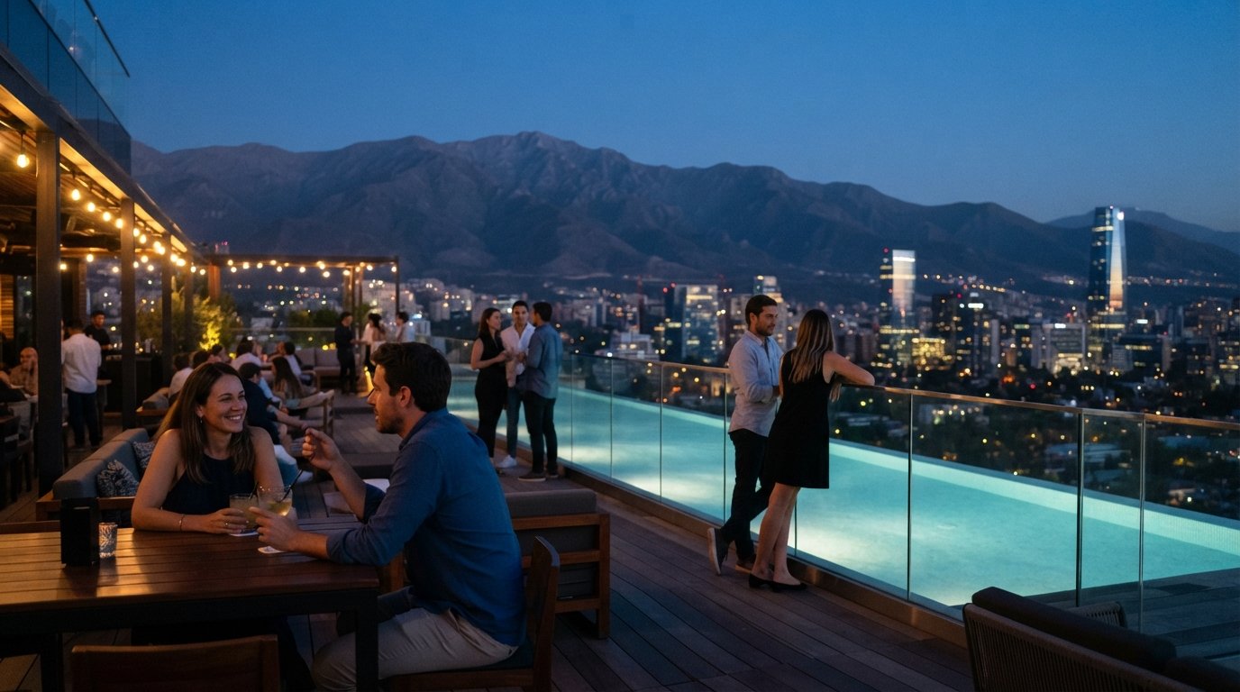 Red2One rooftop bar on the 21st floor of the W Santiago at dusk, pool terrace glowing with Andes and skyline views