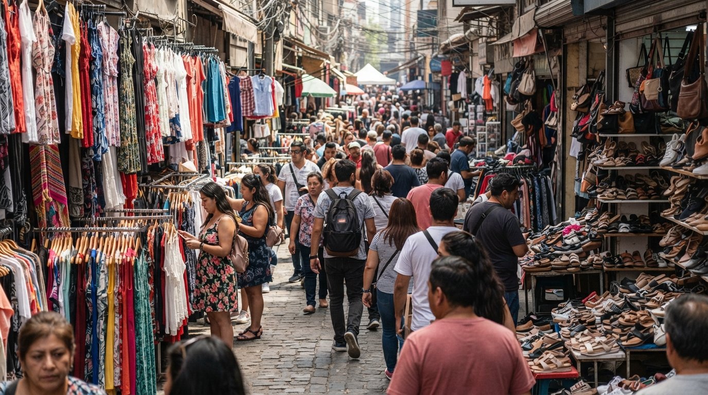 Calle Patronato in Santiago packed shoulder-to-shoulder with clothing racks, hanging dresses and bargain shoes under harsh midday light