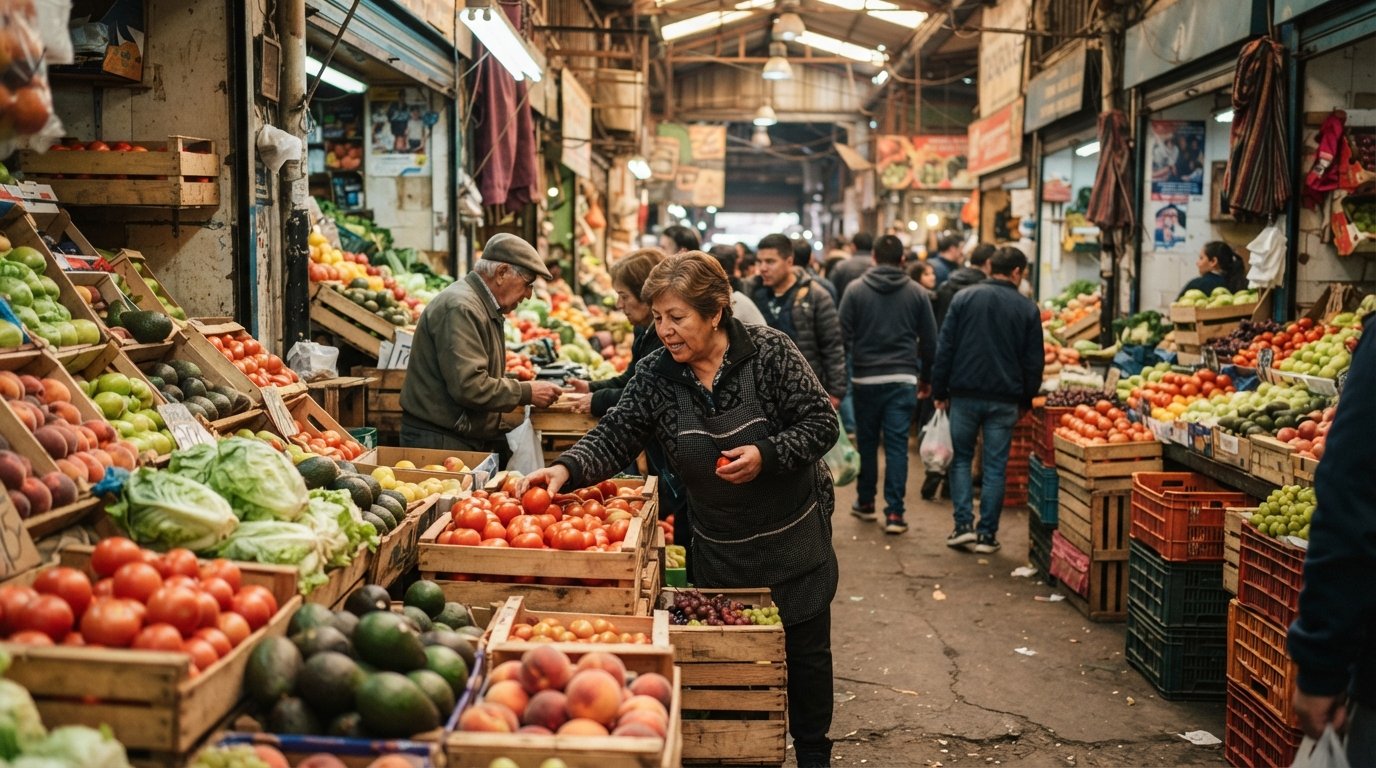 the crowded produce aisles of La Vega Central with crates of fruit and vegetables stacked high under fluorescent market light