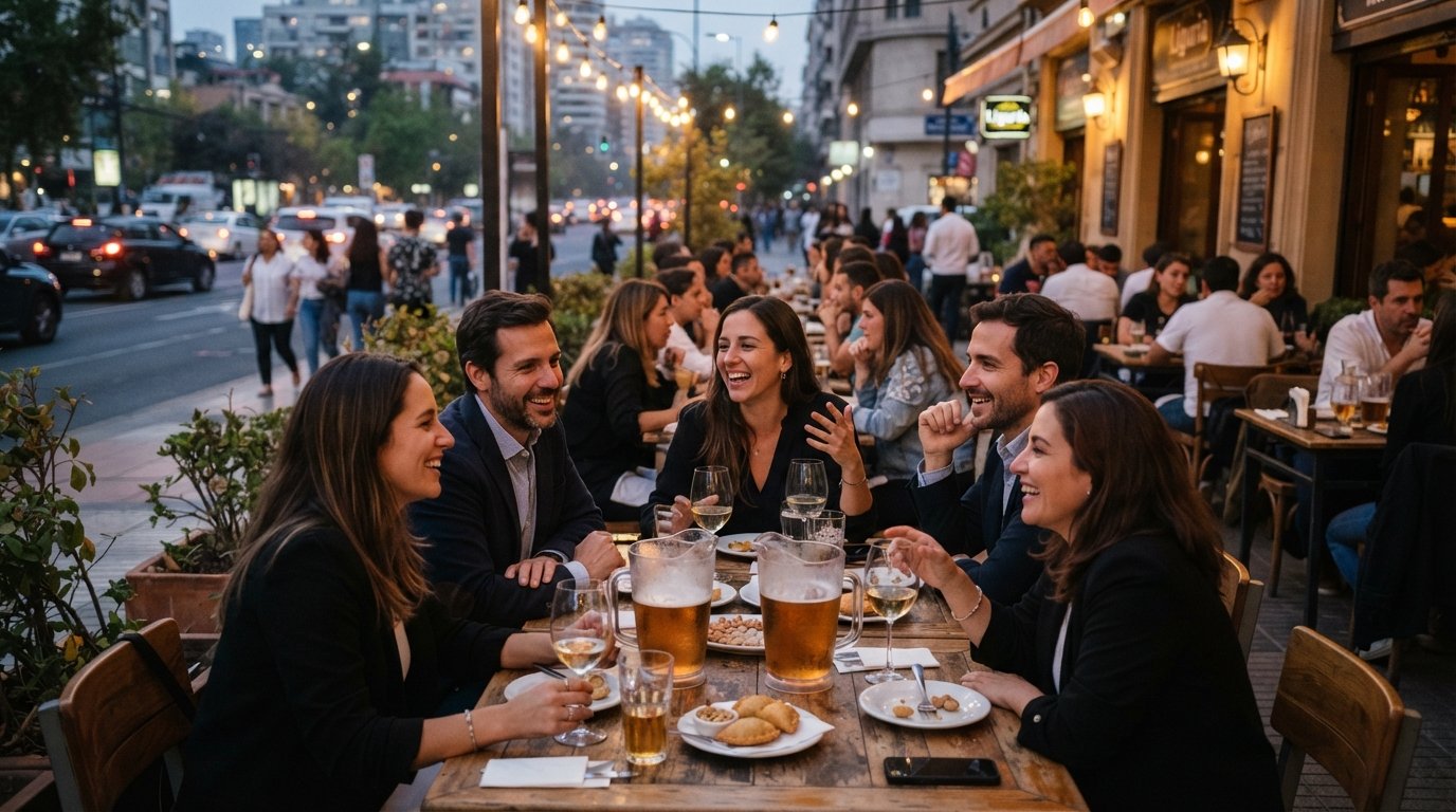 a busy Liguria terrace at dusk on Avenida Providencia, glasses, jarras and colleagues talking over the last light