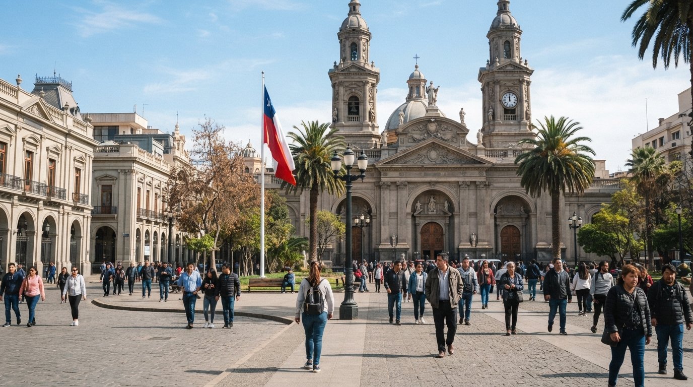 Plaza de Armas in Santiago Centro with the Metropolitan Cathedral and surrounding civic buildings on a busy daytime corner, people crossing the square under bright central light