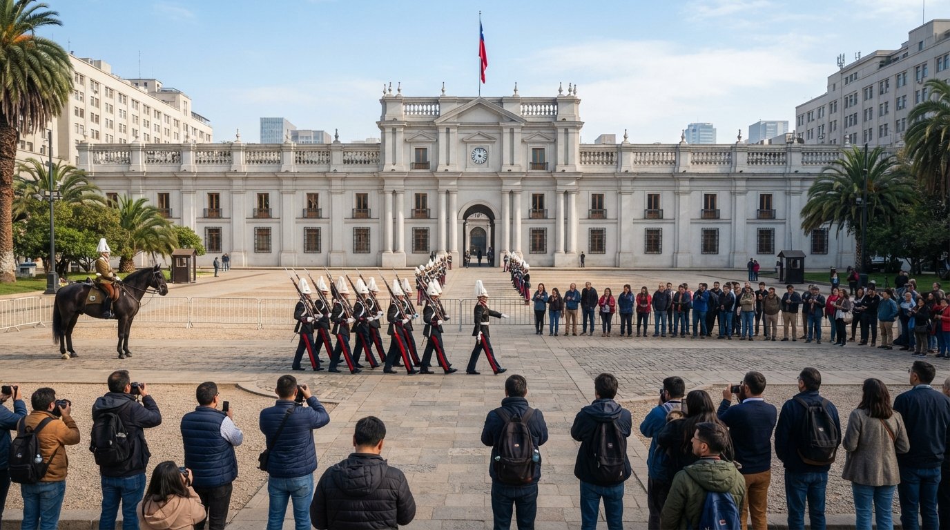 Palacio de La Moneda in Santiago Centro with the ceremonial forecourt during a changing-of-the-guard morning, guards and visitors framed against the pale neoclassical facade