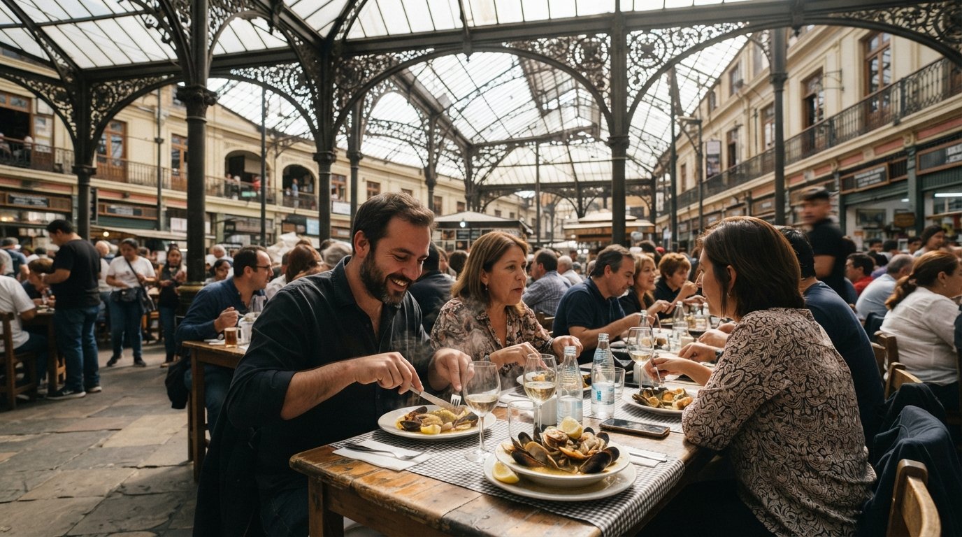 the interior of Mercado Central in Santiago Centro with Donde Augusto tables, iron beams overhead and steaming seafood plates under daylight from the market hall