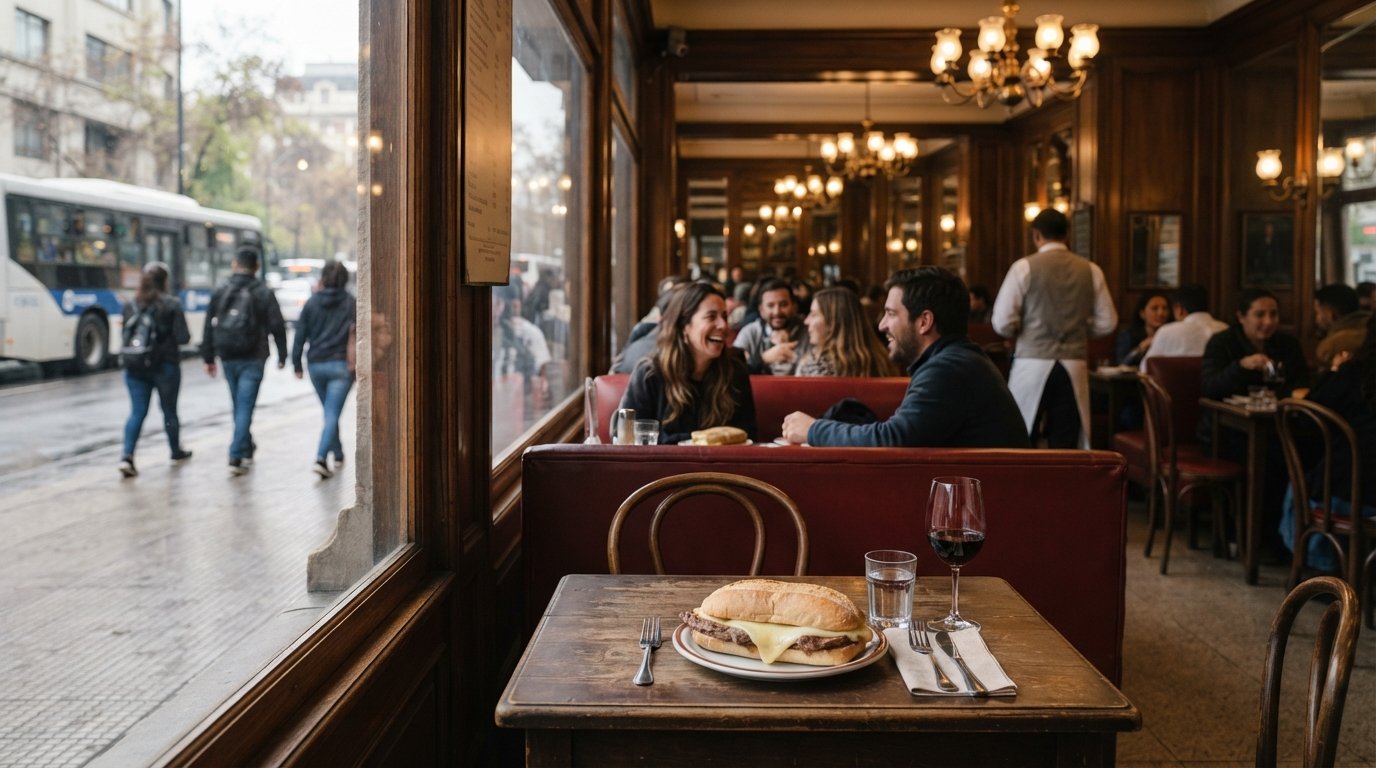 Confitería Torres on the Alameda in Santiago Centro, red-leather banquettes and chandeliers visible through the window with a Barros Luco sandwich on the table