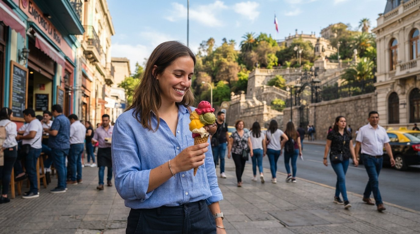 Emporio La Rosa near Cerro Santa Lucía with colorful ice cream scoops in a cone, afternoon light and the city street behind