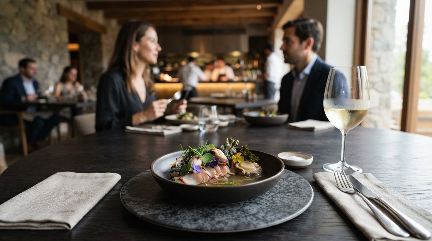 a composed tasting-menu course at Boragó, native Chilean ingredients plated with precise fine-dining restraint on a dark table