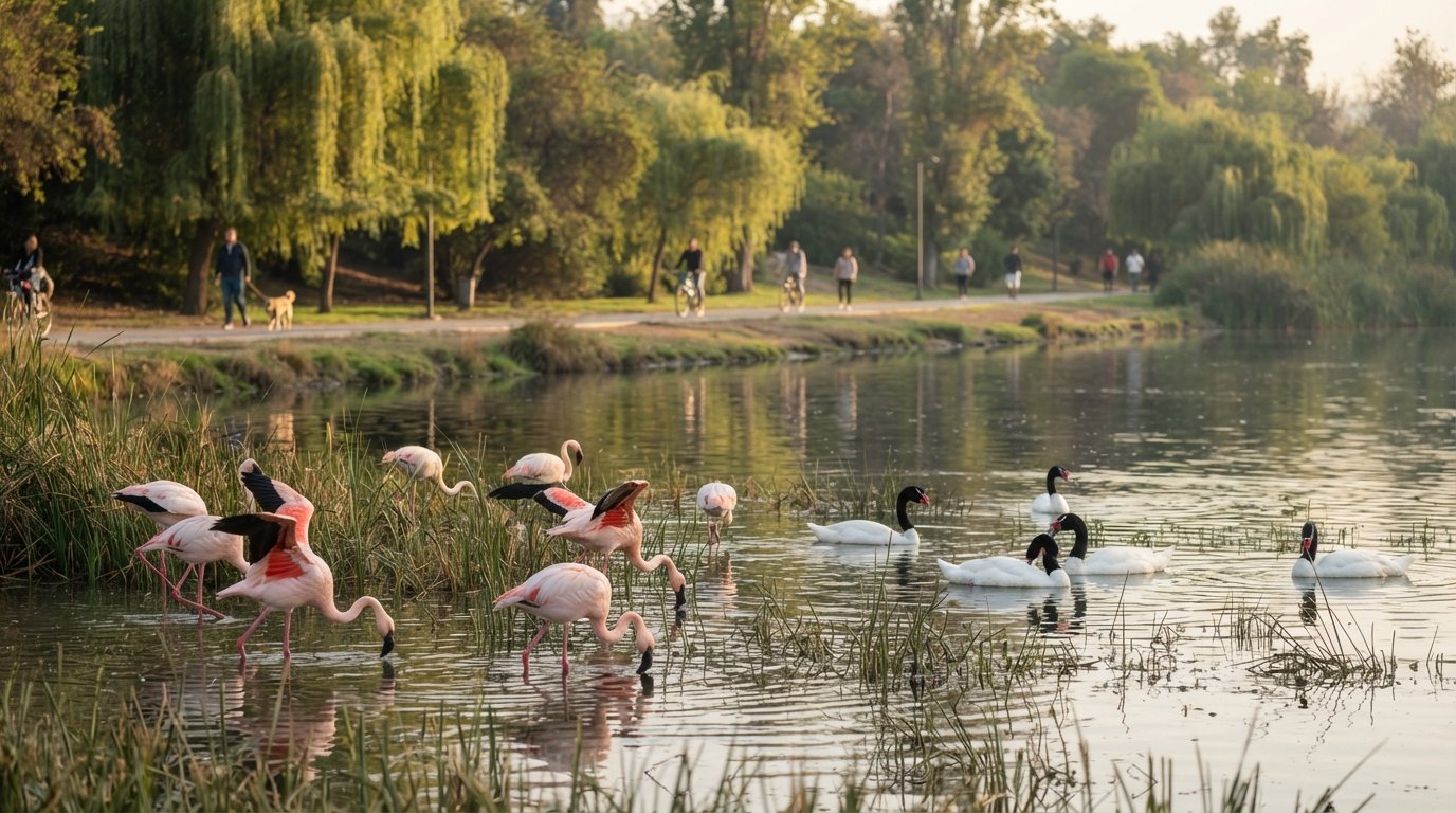 flamingos and black-necked swans on the lagoons of Parque Bicentenario in soft morning light, with the Mapocho-side paths and trees behind them