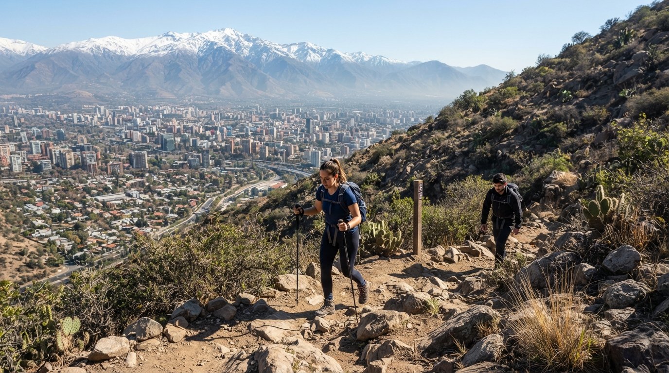 the steep rocky trail up Cerro Manquehue from the Lo Curro sector, with Santiago opening out below under clear mountain light